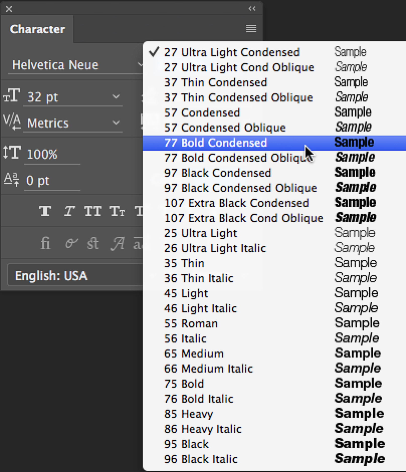 character panel in Photoshop font styles