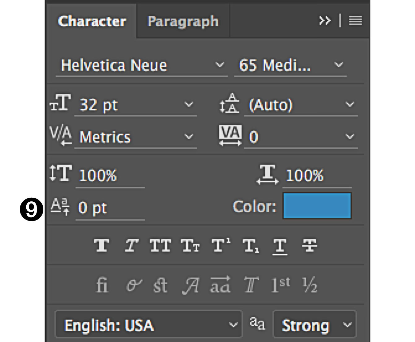 character panel in Photoshop baseline shift tool