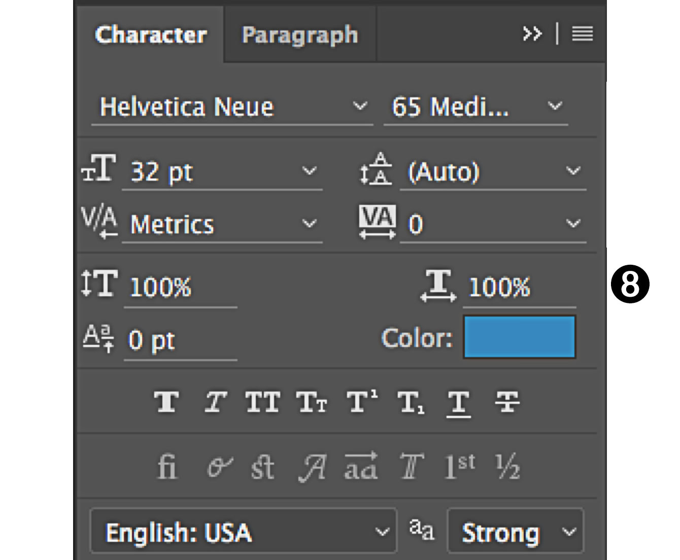 character panel in Photoshop scale fonts type width